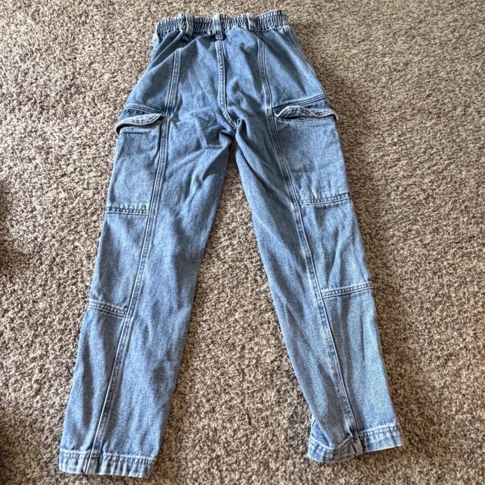 PacSun Women Small Blue Denim Cargo Pants High Rise Elastic Waist Utility Jeans - Picture 3 of 3